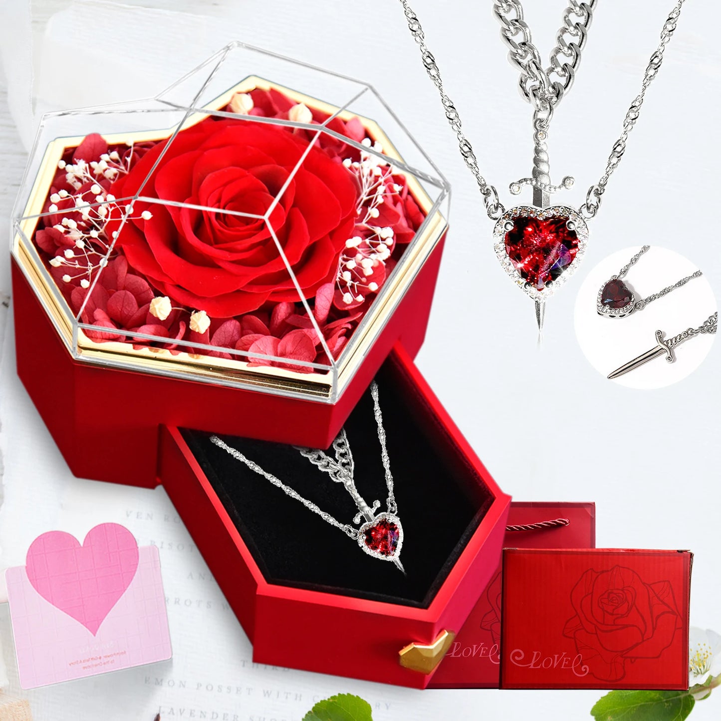 Heart & Sword Crystal Necklace Set – Stainless Steel Jewelry Gift Box