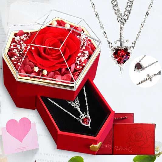 Heart & Sword Crystal Necklace Set – Stainless Steel Jewelry Gift Box