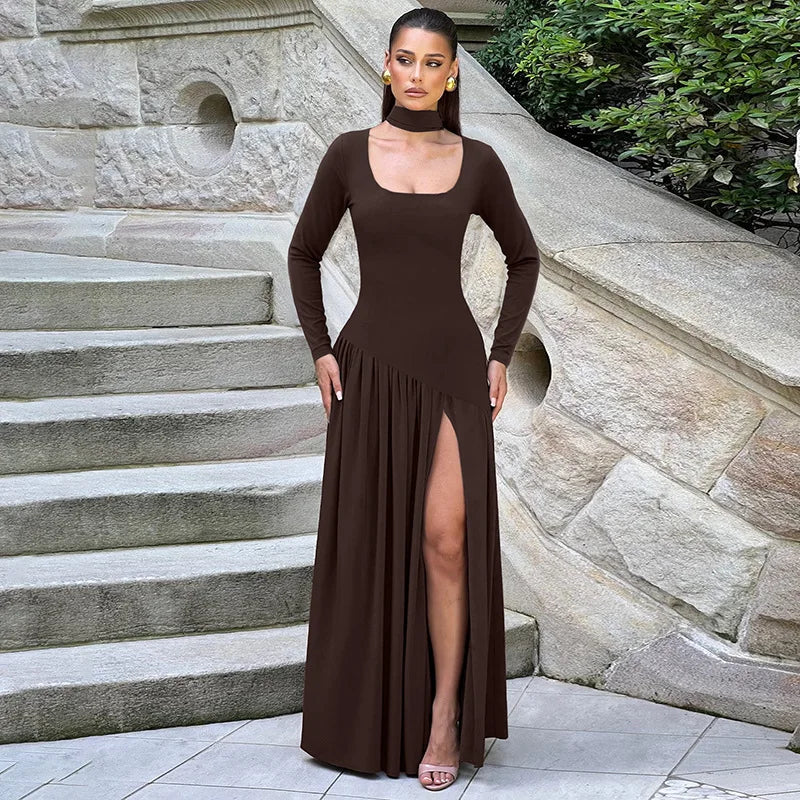 CLO035DJ
Woman Clothing Long Sleeve Bandage High Slit Party Dress Autumn Lady Elegant High Waist Pleated Long Maxi Evening Dresses - Klixstore