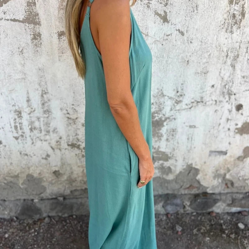 Bohemian Denim Maxi Dress – V-Neck Sleeveless Summer Beach Style
