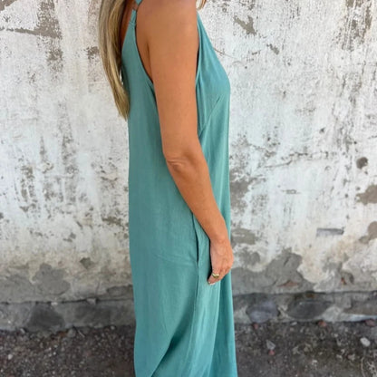 Bohemian Denim Maxi Dress – V-Neck Sleeveless Summer Beach Style