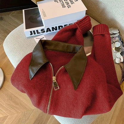 Polo Collar PU Spliced Knit Cardigan for Women