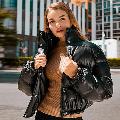 Winter PU Leather Padded Jacket for Women