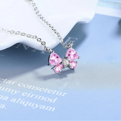 Butterfly Pendant 925 Sterling Silver Necklace with Pink Cubic Zirconia Stones