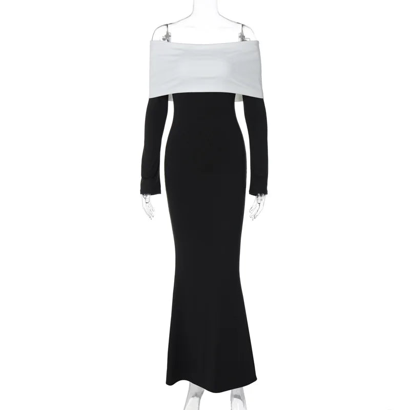 CLO029DJ
Fashion Black White Patchwork Long Dress for Women Off Shoulder Slash Neck Full Sleeve Bodycon Evening Party Dresses High Street - Klixstore