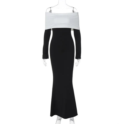 CLO029DJ
Fashion Black White Patchwork Long Dress for Women Off Shoulder Slash Neck Full Sleeve Bodycon Evening Party Dresses High Street - Klixstore