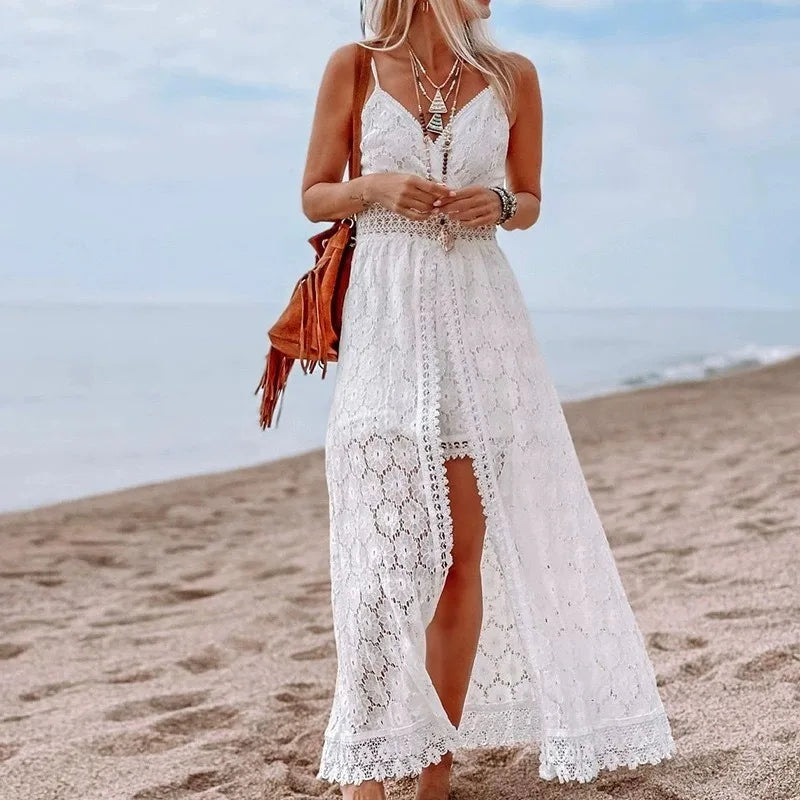 Lace V-Neck Hollow Out Bohemian Midi Dress
