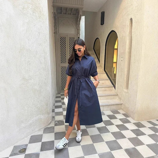 Lace Up Short Sleeve Shirt Dress