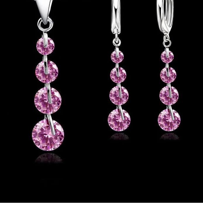 round CZ Crystal Necklace & Hoop Earrings Set in 925 Sterling Silver