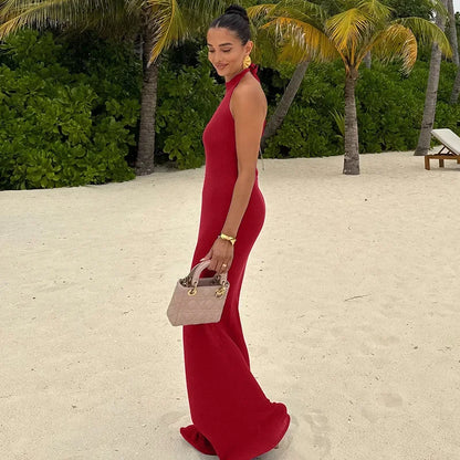 CLO012DJ
 Elegant Halter Neck Backless Ruched Long Dress Women's Summer Sleeveless Bandage Bodycon Party Club Dresses Prom Evening Gowns - Klixstore