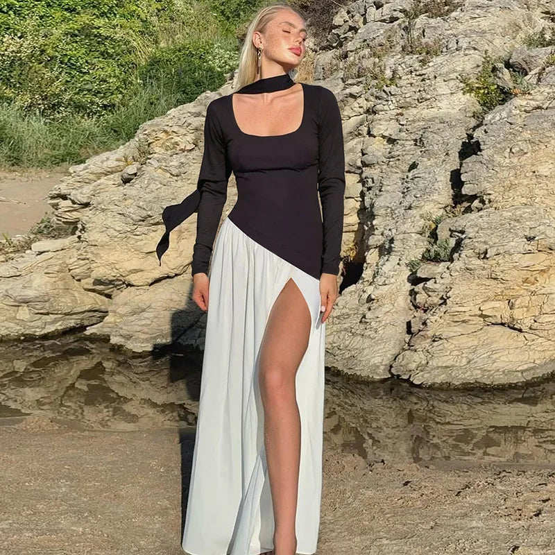 CLO035DJ
Woman Clothing Long Sleeve Bandage High Slit Party Dress Autumn Lady Elegant High Waist Pleated Long Maxi Evening Dresses - Klixstore