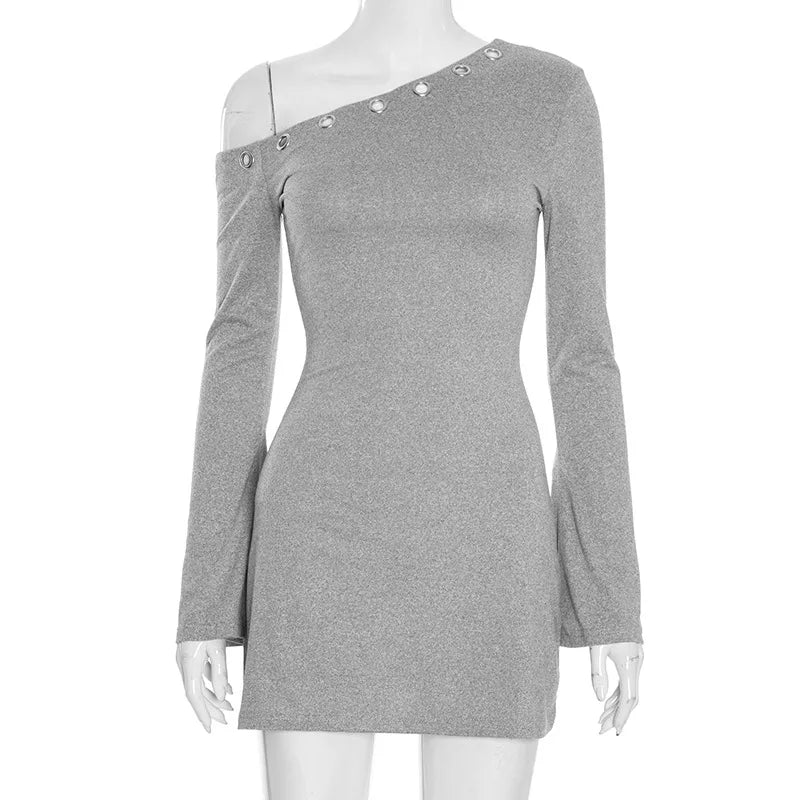 Chic Diagonal Collar Hollow Out Irregular Long Sleeve Party Dress