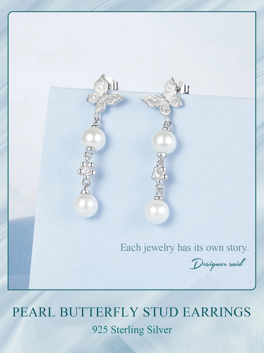 JEW014ER     Solid 925 Sterling Silver Elegant Pearl Butterfly Stud - Klixstore