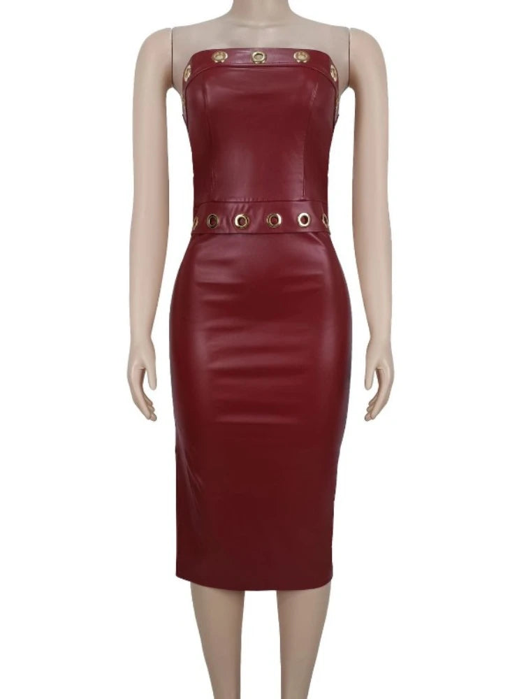 CLO063DJ
Fashion Strapless Off Shoulder Bodycon Party Club Dress Women Sleeveless High Waist Backless Split Faux Leather Evening Dresses - Klixstore