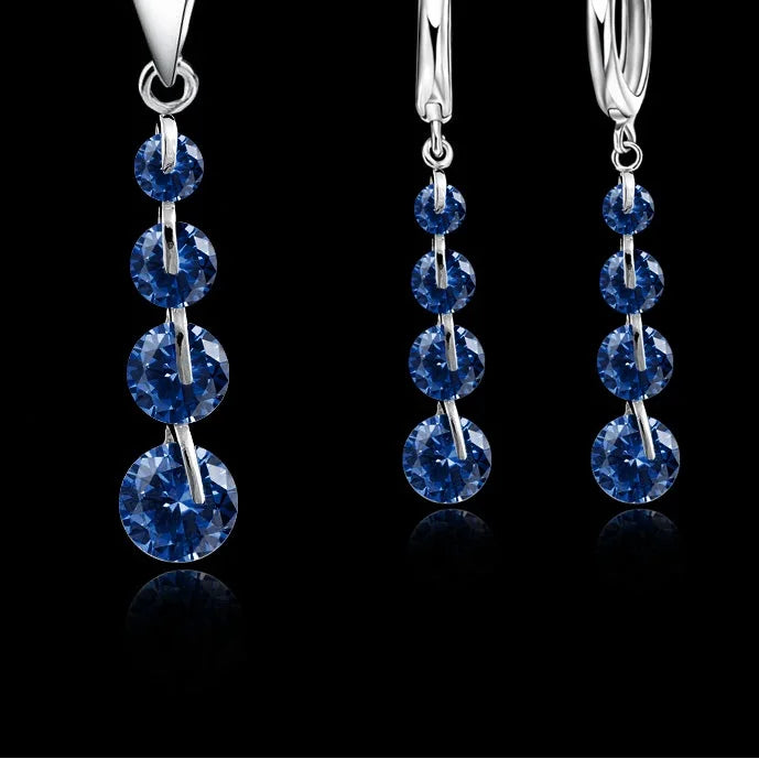 round CZ Crystal Necklace & Hoop Earrings Set in 925 Sterling Silver