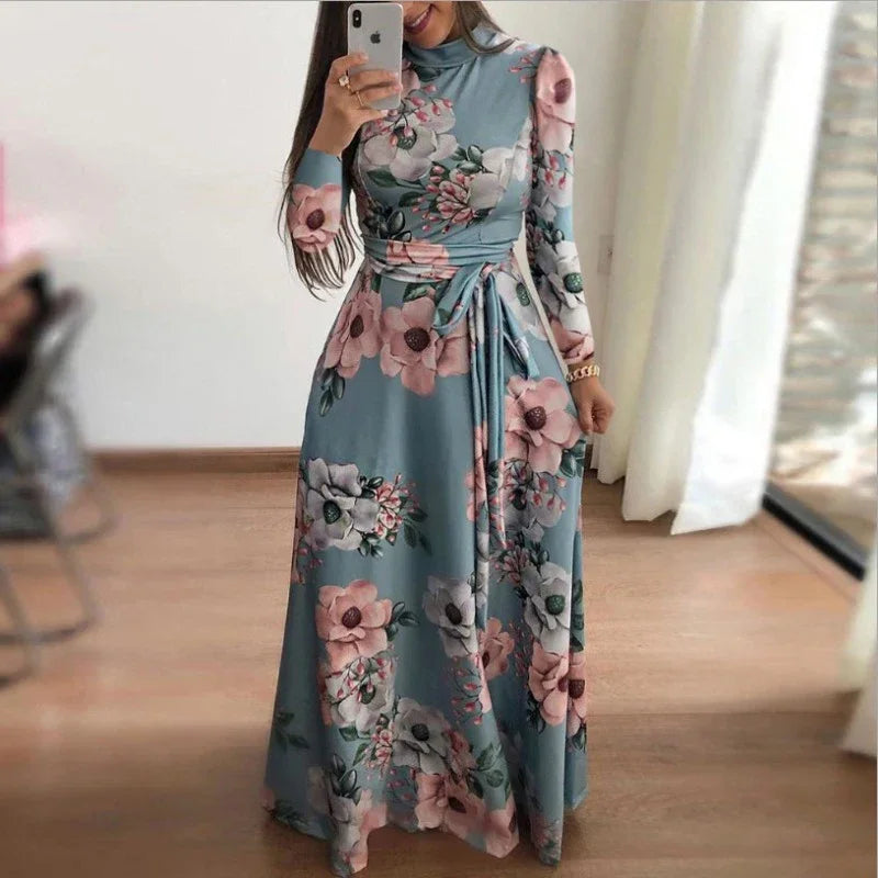 Boho Floral Print Long Sleeve Maxi Dress