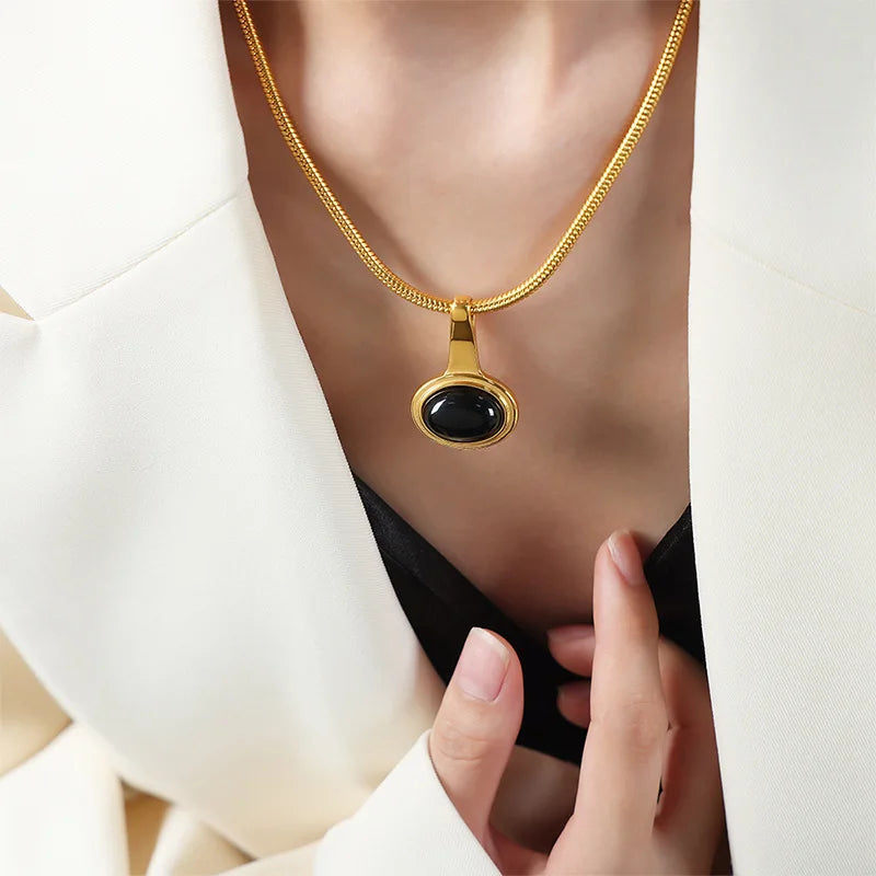 Oval Black Onyx Pendant Necklace for Women