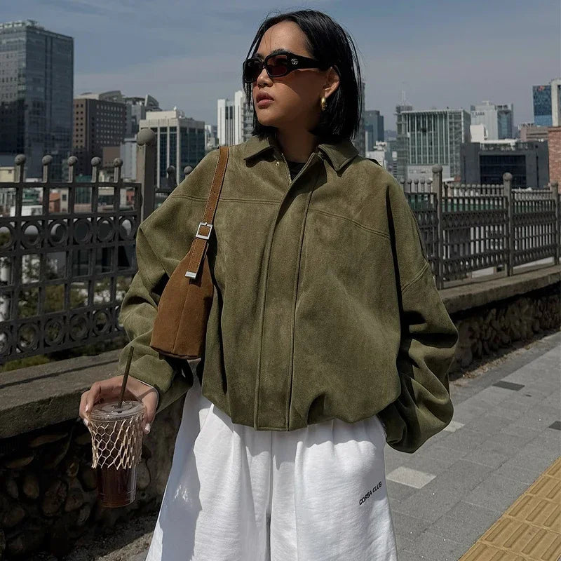 Cropped Suede Bomber Jacket for Women