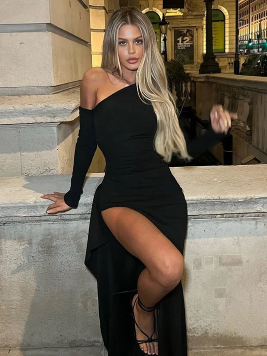 CLO014DJ
Sexy Chic Diagonal Collar Ruched Split Irregular Long Dress Women Elegant Full Sleeve High Waist Tunics Black Party Prom Dresses - Klixstore