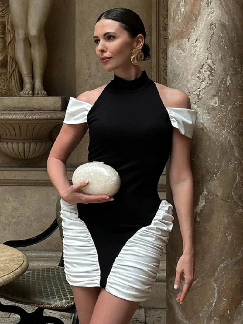 Sleeveless Off Shoulder Patchwork Pleated Party Dress