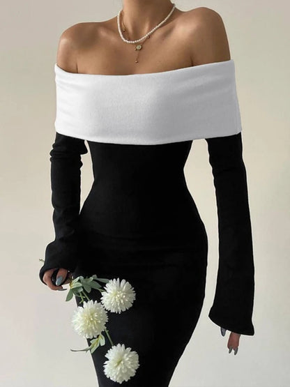 CLO029DJ
Fashion Black White Patchwork Long Dress for Women Off Shoulder Slash Neck Full Sleeve Bodycon Evening Party Dresses High Street - Klixstore