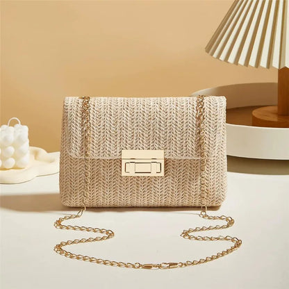 Women's Woven Straw Crossbody Bag | Handwoven Shoulder Purse with Lock Closure