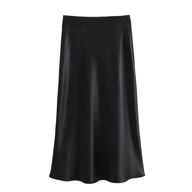 Elegant High Waist Satin Midi Skirt for Women