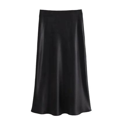 Elegant High Waist Satin Midi Skirt for Women