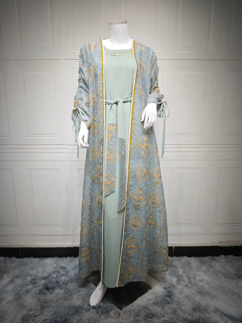 Embroidered Muslim Abaya 2-Piece Set | Kaftan Cardigan & Lace-Up Dress