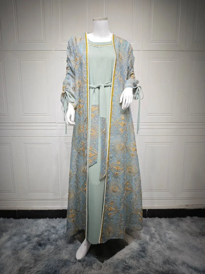Embroidered Muslim Abaya 2-Piece Set | Kaftan Cardigan & Lace-Up Dress