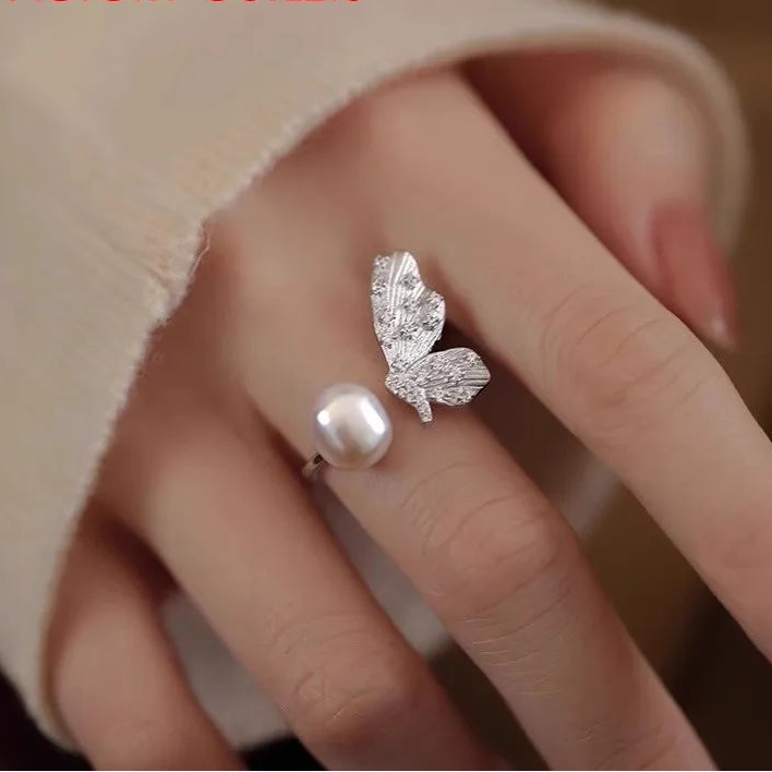 Vintage 925 Sterling Silver Butterfly Pearl Adjustable Ring for Women
