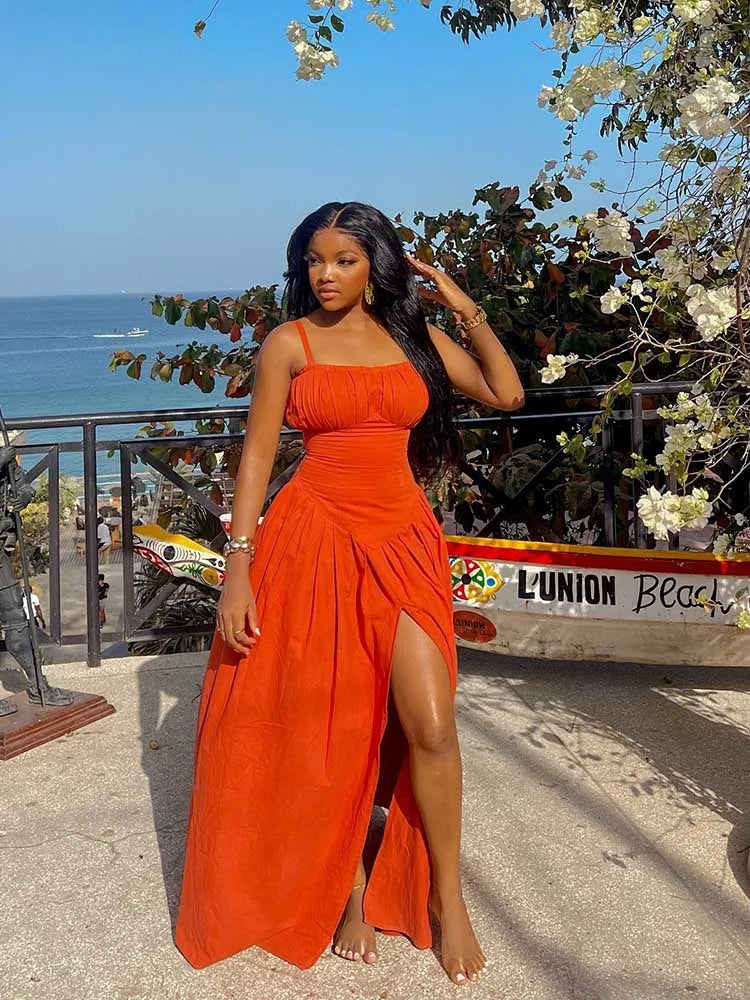 Spaghetti Strap Orange Side Split Dress