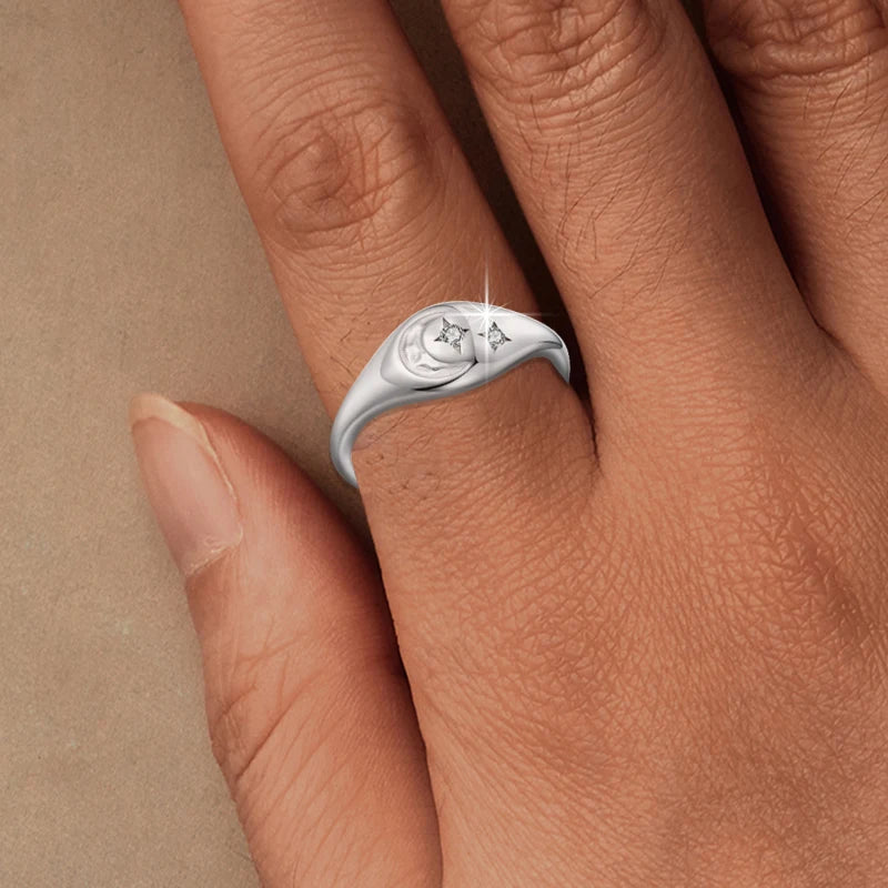 JEW004R  Solid 925 Sterling Silver Star and Moon Seal Adjustable Ring for Women - Klixstore