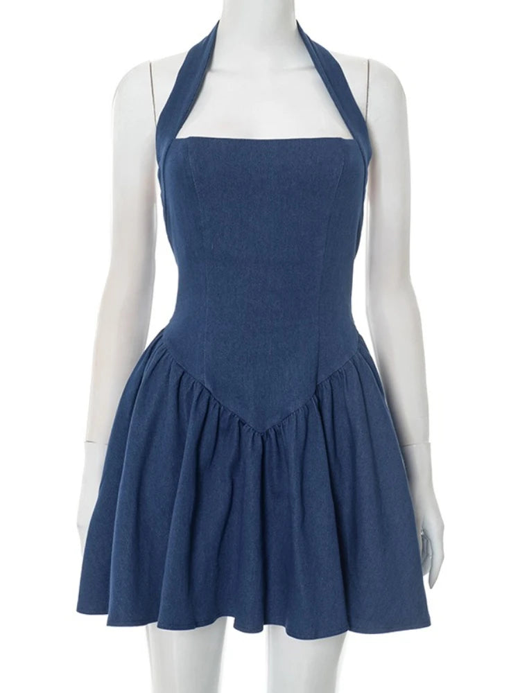 CLO068DJ
Woman Clothing Solid Blue Denim Short Holiday  Halter Neck Backless Tunics - Klixstore