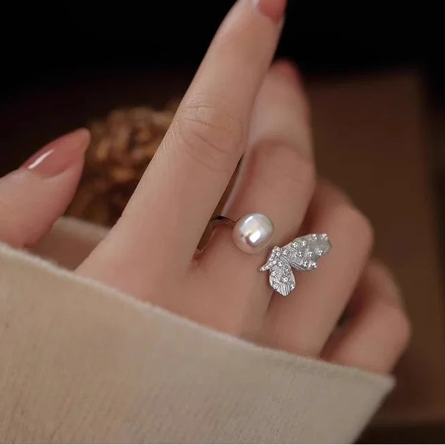 Vintage 925 Sterling Silver Butterfly Pearl Adjustable Ring for Women