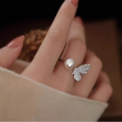 Vintage 925 Sterling Silver Butterfly Pearl Adjustable Ring for Women