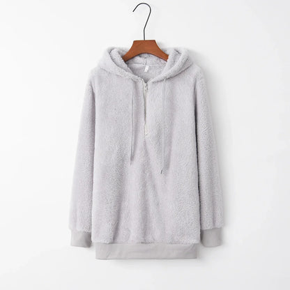 Plush Hooded Loose Sweatshirt Jacket for Women