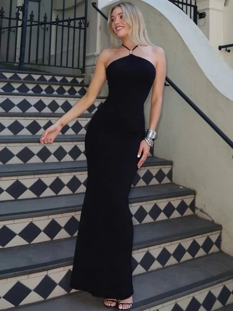 CLO016DJ
Woman Clothes Halter Neck Off Shoulder Bodycon Long Dress Female Sleeveless Backless Black Evening Party Dresses - Klixstore