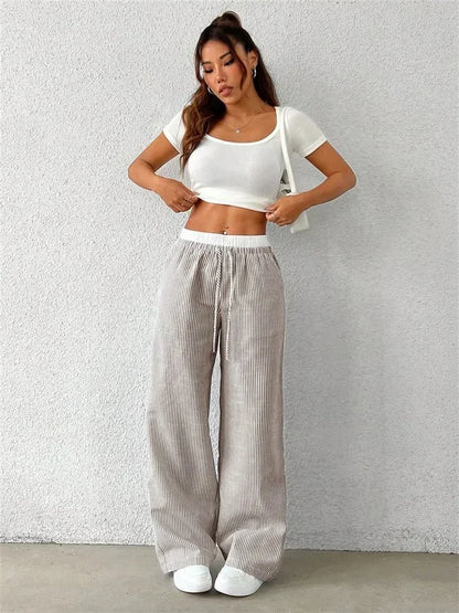 Casual Striped Woven Wide Leg Pants