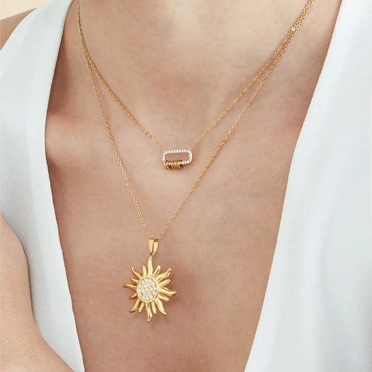 18k Gold Zircon Sun Pendant Necklace for Women