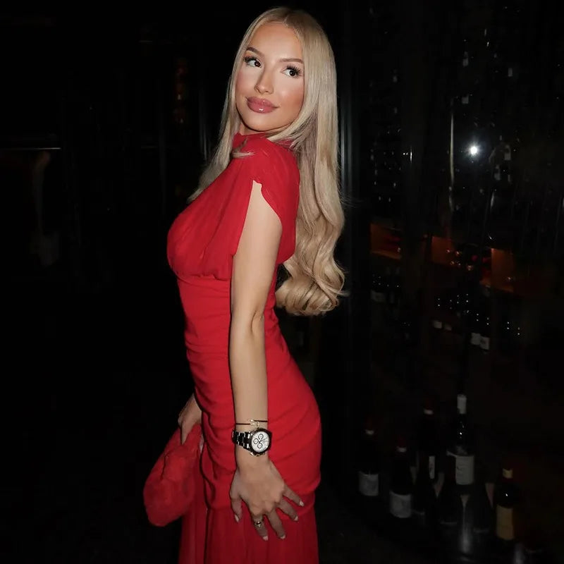 DJ Red Pleated A-Line Maxi Evening Dress