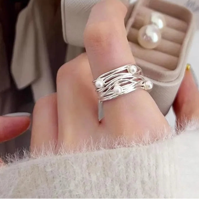 Trendy 925 Sterling Silver Adjustable Pearl Ring for Women