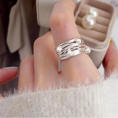 Trendy 925 Sterling Silver Adjustable Pearl Ring for Women