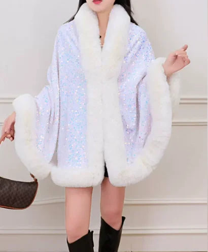 Women's Short Winter Jacket with Fur Collar and Sequin Shawl 2025