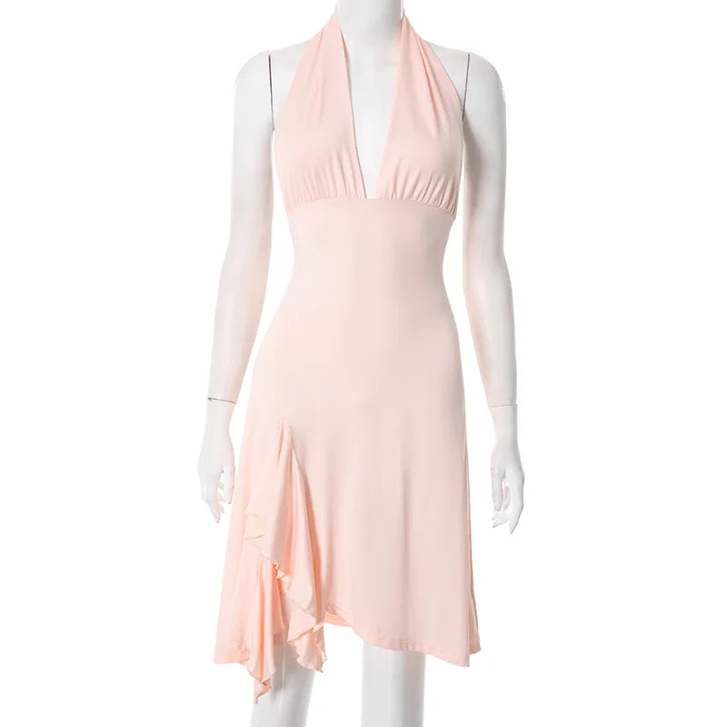 CLO049DJ
Woman Clothing Halter Neck High Waist Ruffles Pink Short Dress  Summer Backless Tunics Ruched - Klixstore