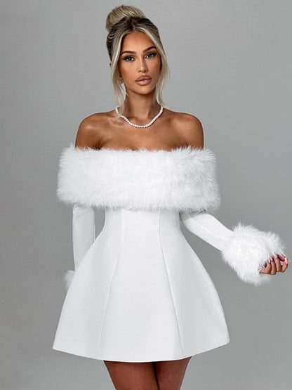 CLO050DJ
Luxury Fur Patchwork A-line Short Dresses for Women Slash Neck Off Shoulder Long Sleeve Party Evening Dress White Black - Klixstore