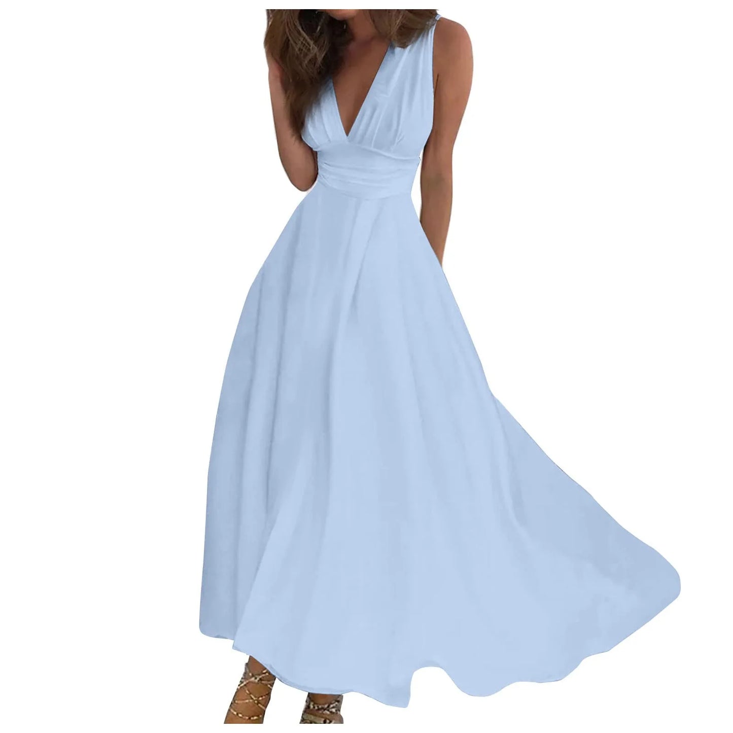 Solid Color V-Neck Sleeveless Long Sundress