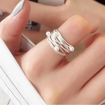 Trendy 925 Sterling Silver Adjustable Pearl Ring for Women