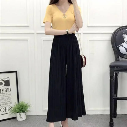 Elastic Waist Pleated Wide Leg Skirt Pants