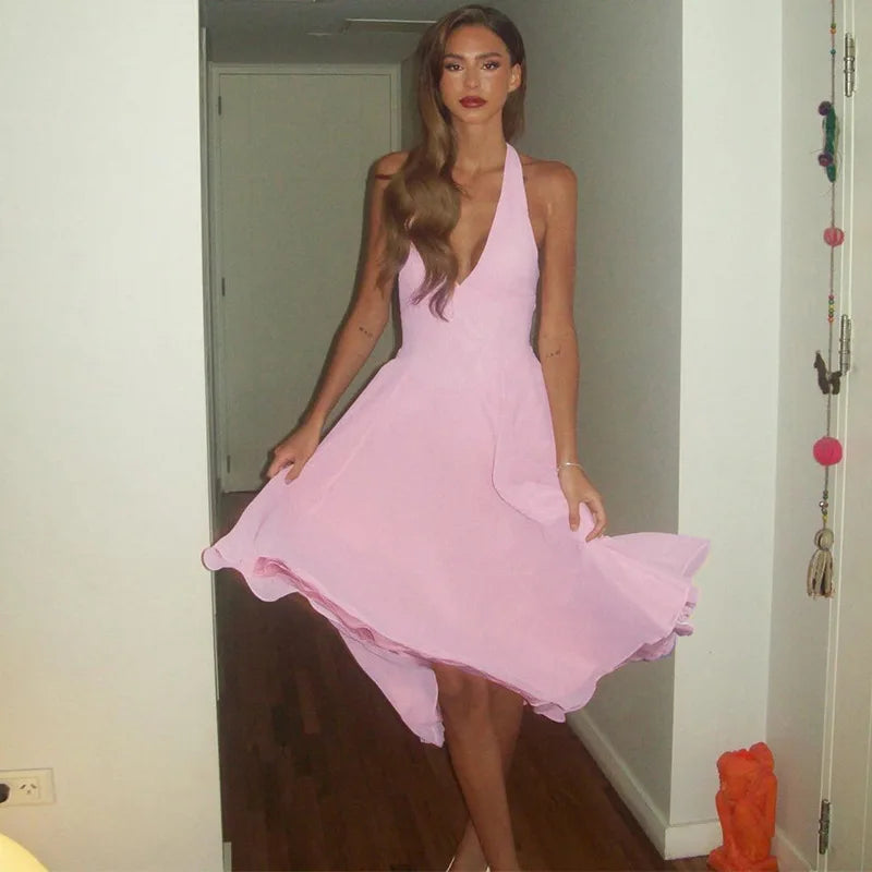 CLO038DJ
Women Halter Backless A-line Vacation Dress Streetwear Lady Sleeveless High Waist Tunics Mesh - Klixstore